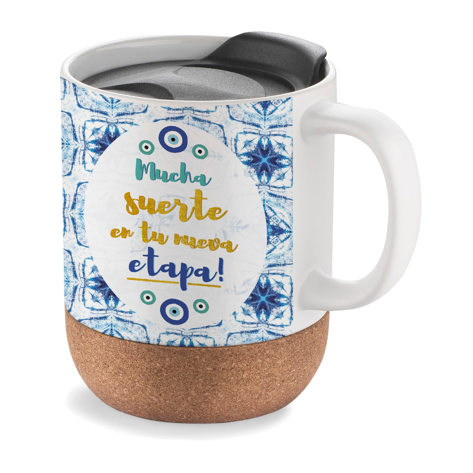 Taza de viaje: "Mucha suerte en tu nueva etapa".