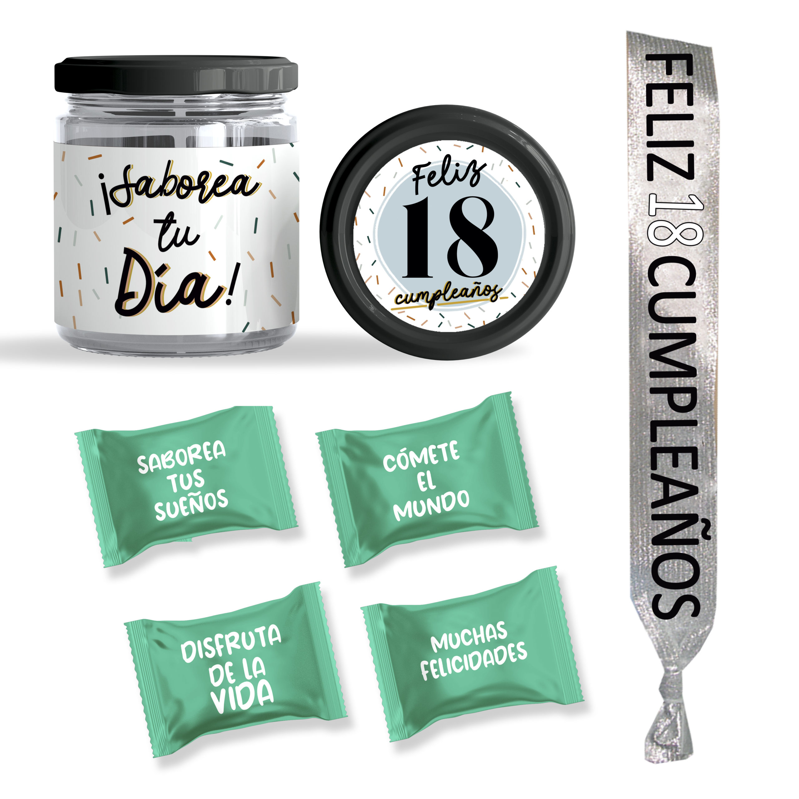 Tarro de caramelos + Banda: "Feliz 18 Cumpleaños".
