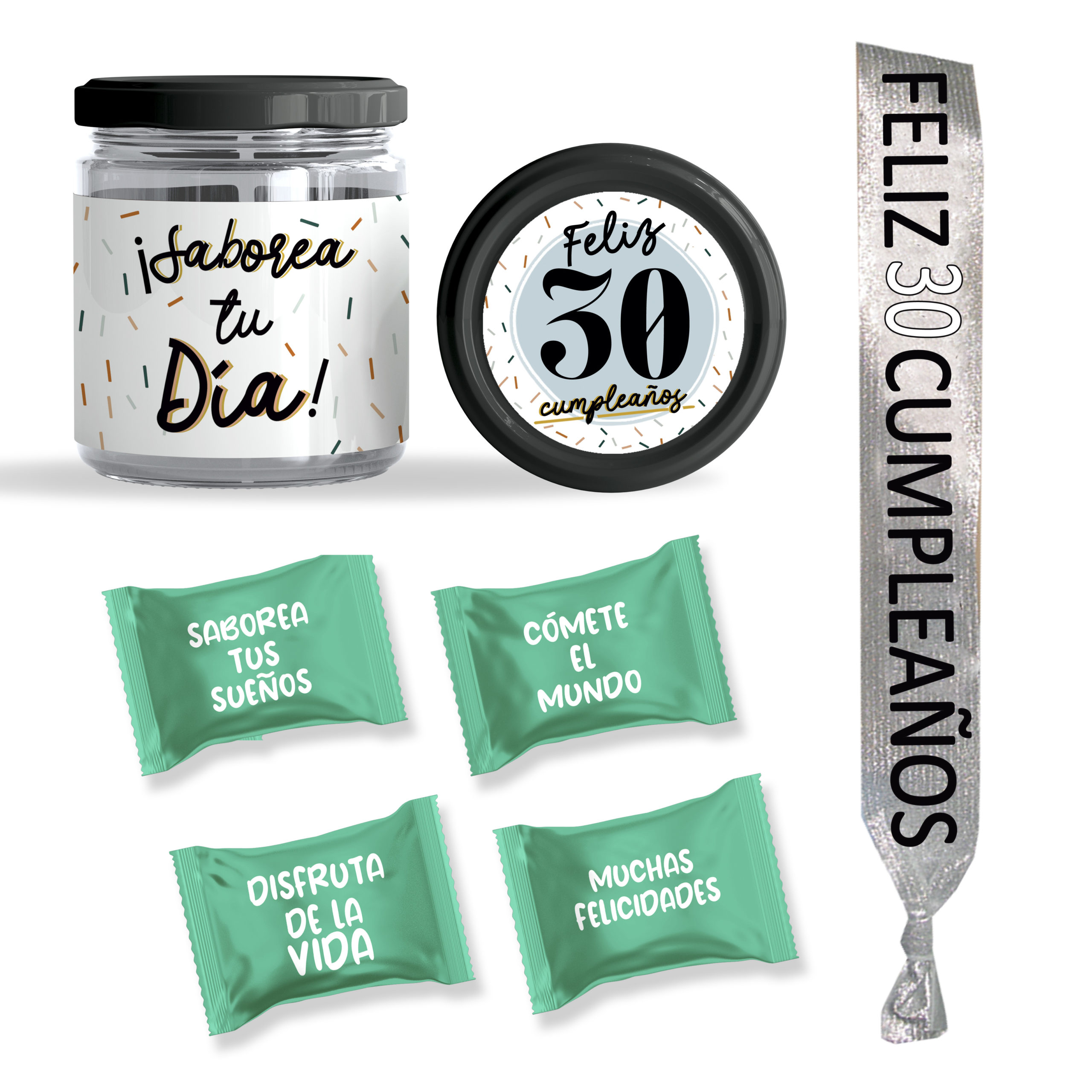 Tarro de caramelos + Banda: "Feliz 30 Cumpleaños".