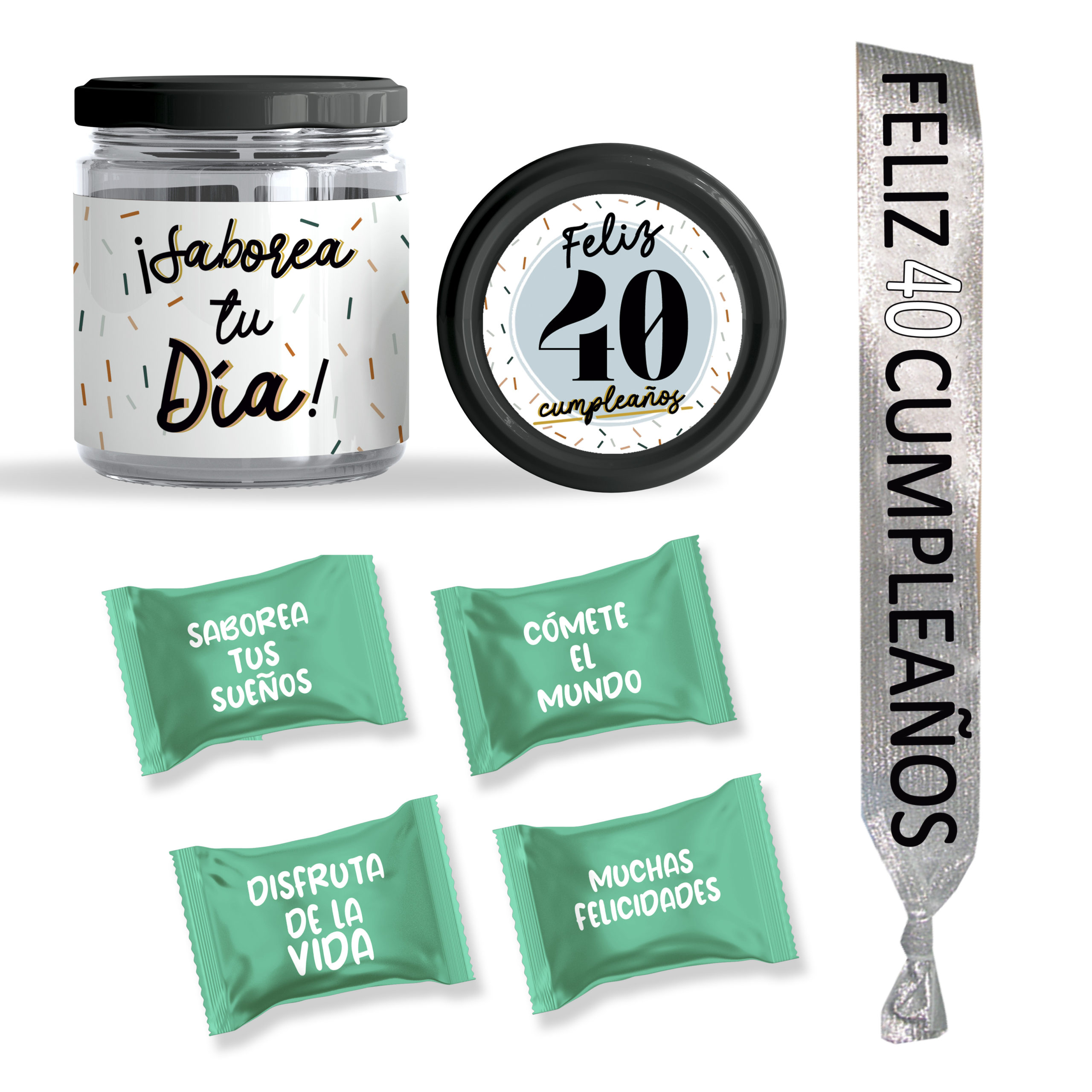 Tarro de caramelos + Banda: "Feliz 40 Cumpleaños".