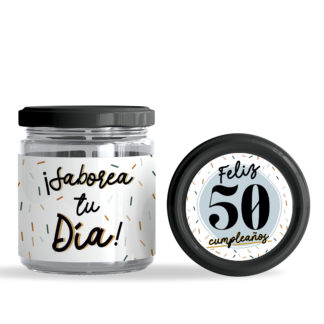 Tarro de caramelos + Banda: "Feliz 50 Cumpleaños".