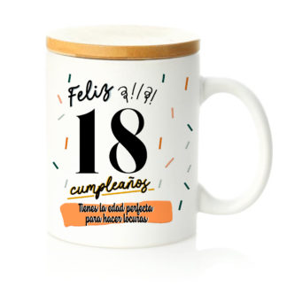 Taza tapa bambú: "Feliz 18 cumpleaños"