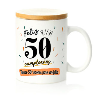 Taza tapa bambú: "Feliz 50 cumpleaños"